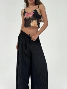 Aloruh Elegant High Waist Pleated Full Swing Palazzo Pants, Floor Length And Slimming