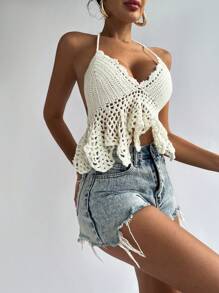 SHEIN Privé 女士夏季空心針織上衣，配褶邊和領帶領口，適用於度假 - 杏色 - 查看 3