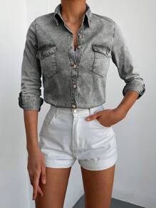 RueChic Flap Pocket Button Front Denim Shirt - Light Grey - View 1