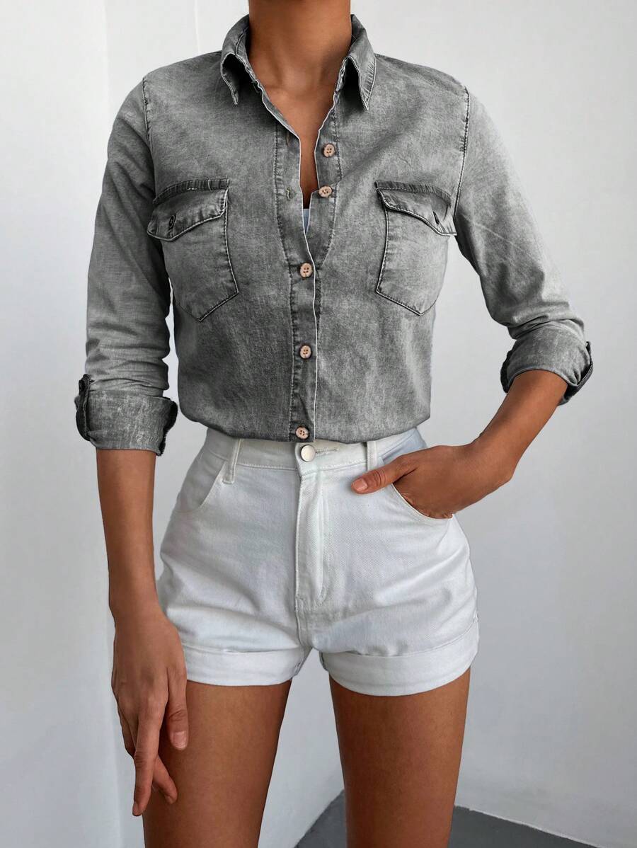 RueChic Flap Pocket Button Front Denim Shirt - Light Grey - View 1