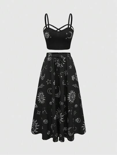 Goth Lady Gothic Vacation Style Cross-Design Vest And Skirt Set