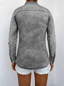 RueChic Flap Pocket Button Front Denim Shirt - Light Grey - View 2