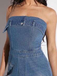 Denimoi 寬管牛仔連體褲，有摺疊口設計 - 淺色水洗藍 - 查看 5