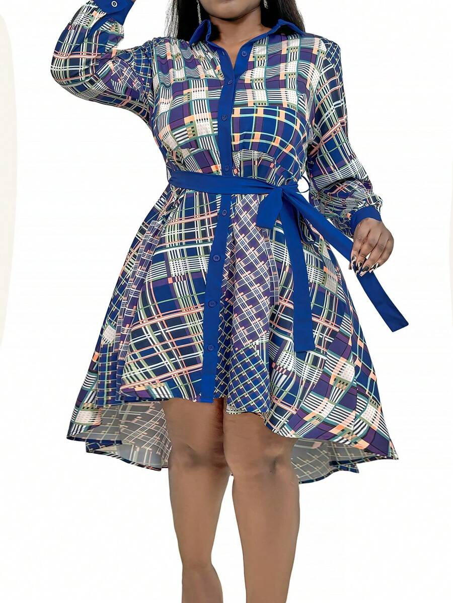 Calvaya 大尺寸女性春夏季格紋長袖高低不規則寬鬆休閒襯衫裙 - 藍色 - 查看 1