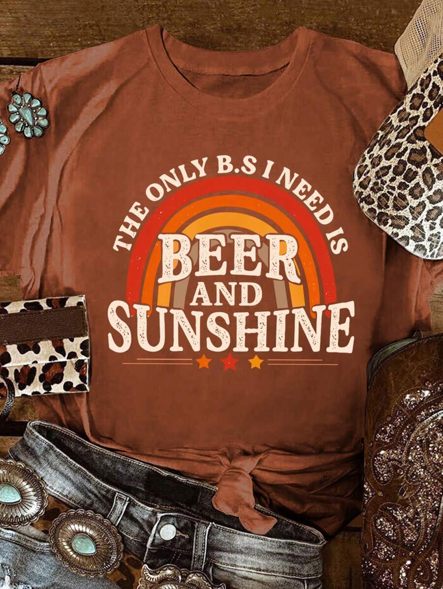 INAWLY Ladies' Round Neck Rainbow & Letter Print Short-Sleeved T-Shirt For Summer - Rust Brown - View 1