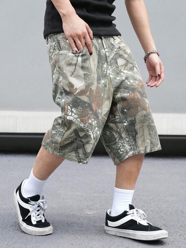 Manfinity LEGND Herren lässige Denim Shorts im Camouflage-Grün mit Baumzweig-Muster, weite Form, für Ehemann, Freund Geschenke