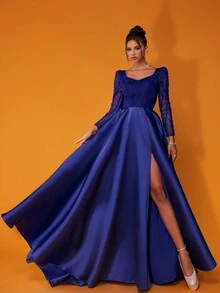 New Arrival Luxury Blue Lace Evening Dress, Suitable For Formal Occasions Elegant Long Sleeve Prom Wedding Guest Gown, For Graduation, Dinner