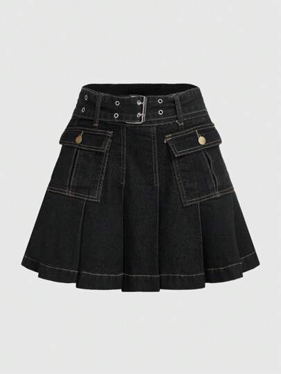 Grunge Punk Falda de mezclilla con bolsillo con solapa, borde plisado, para la escuela