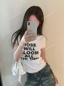 Retro American Letter Print Short Sleeve T-Shirt, Minimalist Design, Slim Fit Casual Top Suitable For Summer