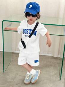 SHEIN Summer,Holiday,Traveler Young Boys' Street Style Cool Texture Fabric Tee Shorts Backpack 3pcs Set For Summer