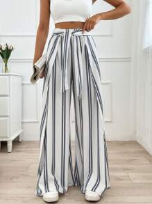 EURMUSE Unity Self Belted Split Thigh Striped Pant - White - View 3