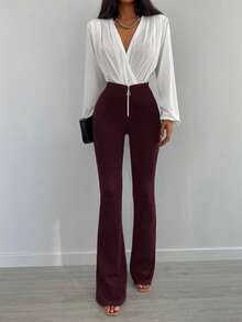 Cottnline Zip Fly Flare Leg Trousers - Burgundy - View 3
