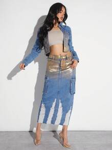 SHEIN Unity 女士金屬質地穿舊的牛仔裙 - 綠色 - 查看 6