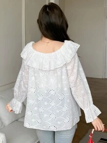 DAZY Camisa suelta de mujer de un solo color con volantes y manga larga, parte superior de hombros descubiertos