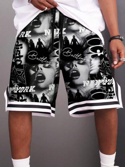 Manfinity LEGND 宽松男士字母印花条纹下摆抽绳图案短裤图案外出篮球宽松短裤，适合丈夫、男友礼物，黑色图案短裤，图案篮球短裤