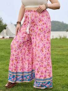 Dreamara WYWH Ladies' Plus Size High-Waisted Printed Wide-Leg Pants With Ruffle Trim For Musical Festival