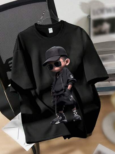 SHEIN Tween Boys' Casual Simple Cartoon Anime Boy Print Short Sleeve Crewneck T-Shirt, Suitable For Summer