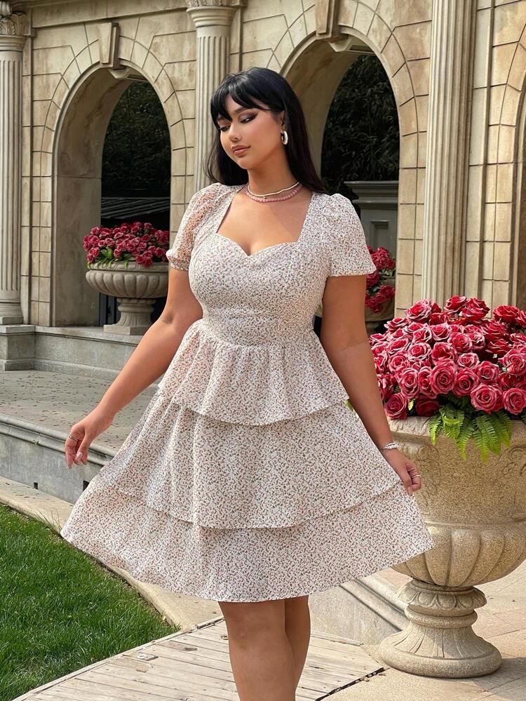 Plus Size Romantic Vacation Ditsy Floral Shirt And Ruffle Hem Skirt Set With Diamond Neckline