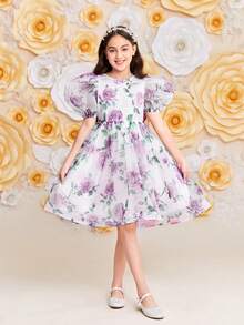 SHEIN Leap Crew Váy cổ tròn có dây buộc nơ lưng cổ tròn thông thường dành cho nữ sinh Tween - trắng - Xem 2