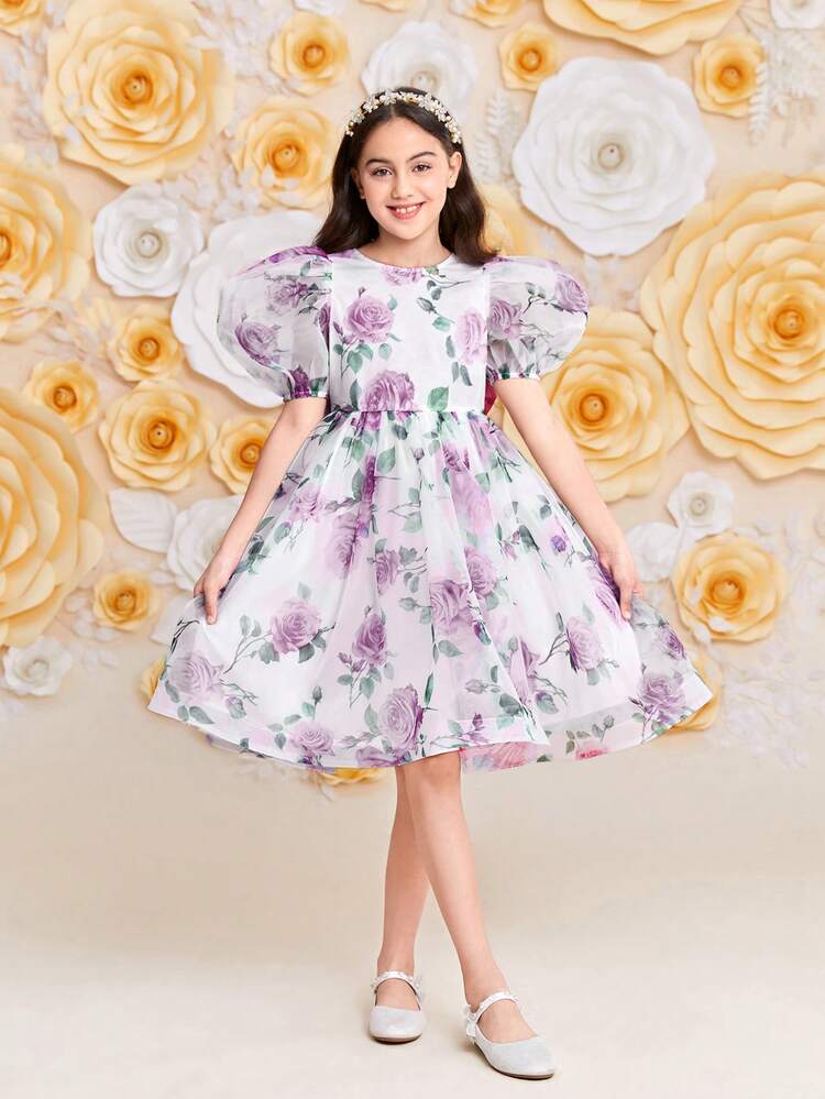 Tween Girls' Casual Round Neck Back Bow Tie Floral Print Dress
