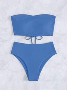 SHEIN Swim Conjunto sexy de bikini sólido Bandeau para mujer, perfecto para vacaciones en la playa de verano