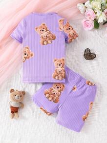 2pcs/Set Young Girl Casual Bear Print Crew Neck Short Sleeve Top And Elastic Waist Shorts Snug Fit Pajama Set