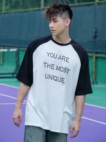 DAZY T-shirt casual à manches courtes pour hommes avec imprimé slogan en bloc de couleurs, manches raglan. Tee-shirts graphiques