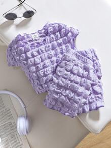 Baby Girl Solid Textured Stretchy Popcorn Top And Shorts Set, Elegant And Cute Fashion