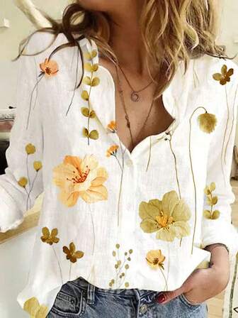 Floral Print Casual Button Down Long Sleeve Shirt Blouse, Women