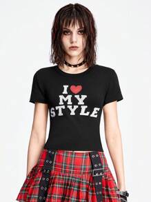 ROMWE Grunge Punk Áo thun nữ dáng ôm vừa vặn thêu khẩu hiệu thời trang đường phố Punk Color Block - màu đen - Xem 1