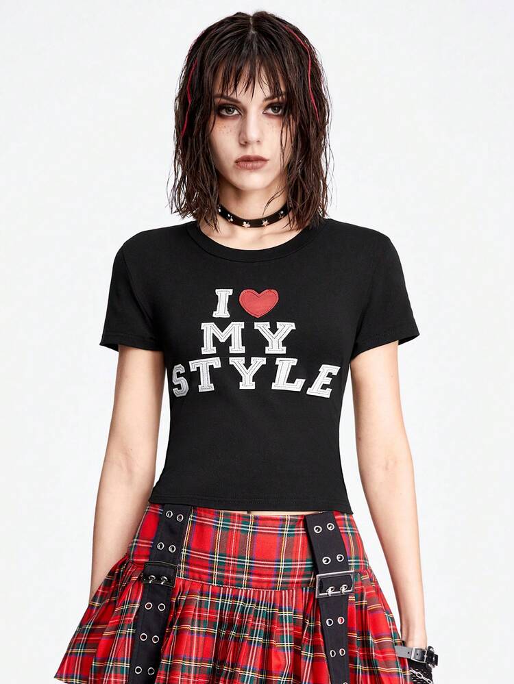 Punk Street Fashion Slogan Patch Embroidery Color Block Slim Fit All-Match Women's T-Shirt