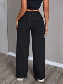 SHEIN PETITE 女士寬鬆直筒休閒牛仔褲，帶口袋和磨損細節設計 - 黑色 - 查看 2