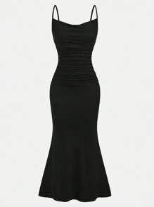 SHEIN Girlism Teen Girl Off-Shoulder Ruched Waist Mermaid Hem Black Casual Dress Simple & Luxurious - Black - View 6