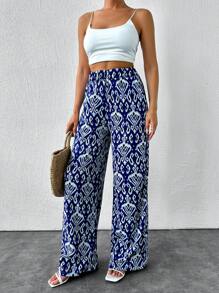 EURMUSE Blue Printed Wide Legs Pants - Multicolor - View 4