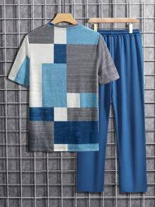 Manfinity Homme Men Summer Geometric Printed Round Neck Short Sleeve Casual T-Shirt And Drawstring Waist Cuffed Pants Set - Multicolor - View 2