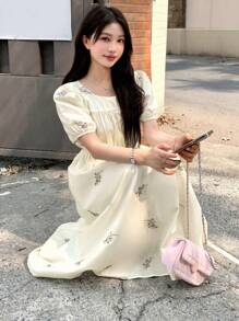DAZY Kobiety Wakacje Bohemian Ditsy Floral Puff Sleeve Cinched Waist Dress Sukienka Letnia, Casual Women Dresses