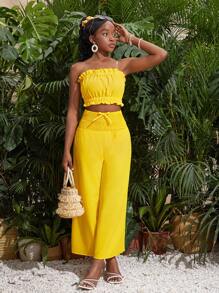 SHEIN Mono amarillo sin tirantes y con pierna ancha para adolescente con diseño drapeado para atuendos de vacaciones o de ocio - Amarillo - Ver 6