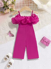 SHEIN Baby Girl Mesh Ruffle Trim Cold Shoulder Jumpsuit , Suitable For Summer Vacation