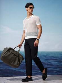 AKNOTIC Business Casual Men's Crochet Knit Summer V-Neck Polo Shirt In White