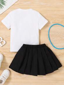 Young Girl Summer Heart Letter Print Short Sleeve Top And Solid Color Pleated Skirt 2pcs/Set - Multicolor - View 2