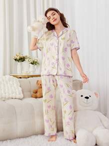 SHEIN 少女鬱金香紫色花卉印花睡衣套裝，配開領短袖襯衫 - 彩色 - 查看 5