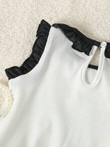 Baby Girls' Color Block Bodysuit With Cartoon Bowknot, Lace And Triangle Patterned Collar - White - View 6