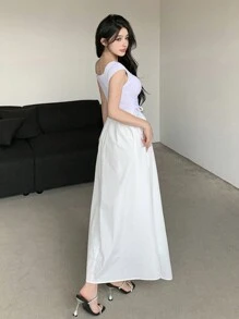 DAZY 女士夏季优雅方领短袖长连衣裙，带抽绳腰带，适合度假穿着 - 白色 - 查看 5