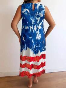 SHEIN LUNE Plus Size Women Summer Tie-Dye Printed Round Neck Sleeveless Casual Dress