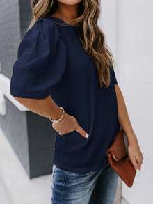 Camisa de Manga Curta Sólida Feminina, Verão, Decote Redondo, Casual, Moda, Camisa de Manga Bufante