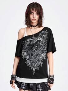 ROMWE Grunge Punk Dark Punk Style Loose Fit 2 In 1 Women's T-Shirt With Asymmetric Shoulder And Wing Pattern Printing, School - Black - View 3