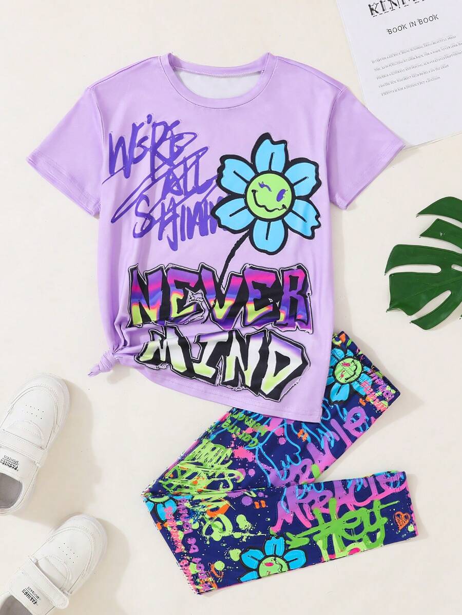SHEIN 少女休閒街頭風格字母和花卉印花T恤和緊身褲套裝 - 彩色 - 查看 1