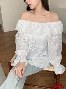 DAZY Camisa suelta de mujer de un solo color con volantes y manga larga, parte superior de hombros descubiertos