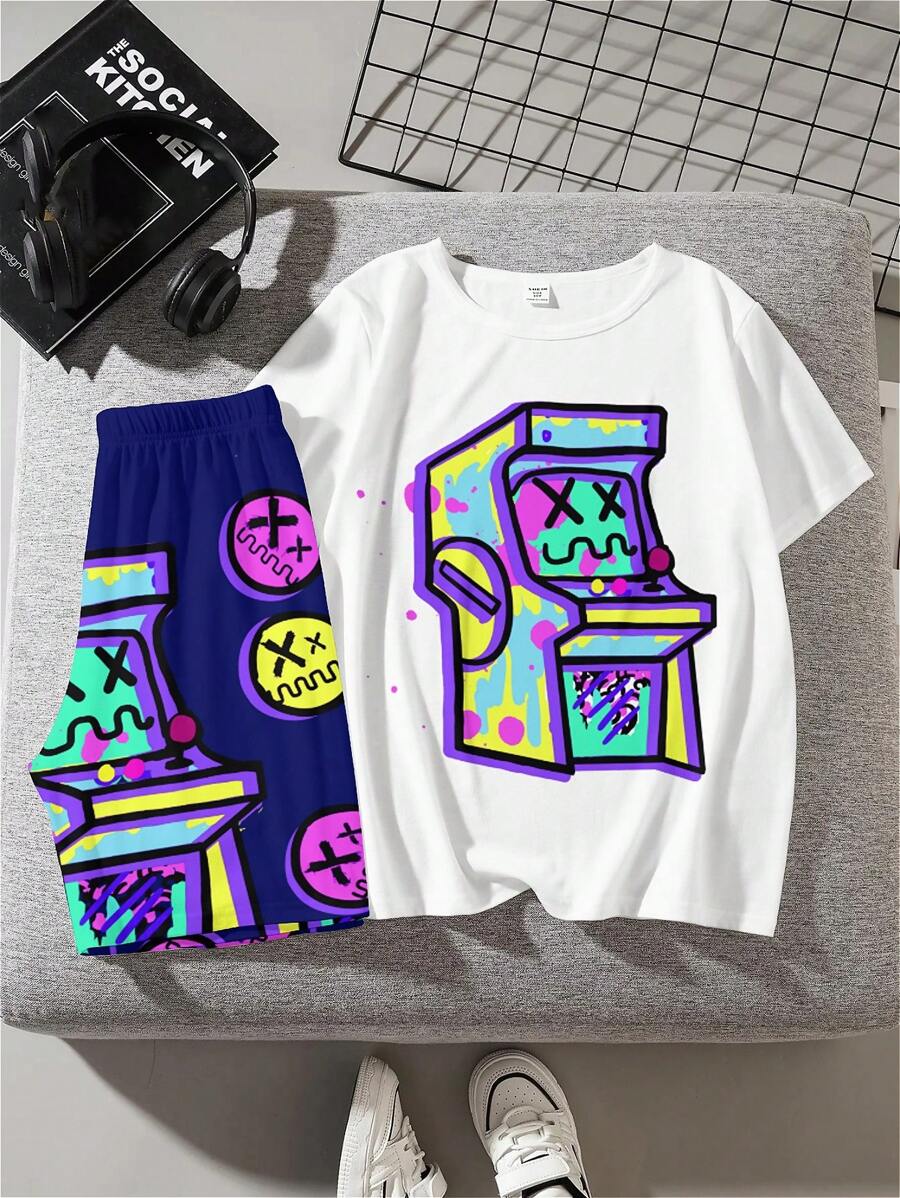 Tween Boy Casual Simple Cartoon Printed Round Neck Short Sleeve T-Shirt And Shorts Set, Suitable For Summer