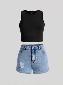 SHEIN Girlism Tween Girl Spring Summer Boho 2 Pieces Solid Tank Top& Stonewashed Distressed Ripped Rolled Up Hem Denim Jeans Shorts Set With Slant Pocket,Summer Girls Clothes Set Outfits